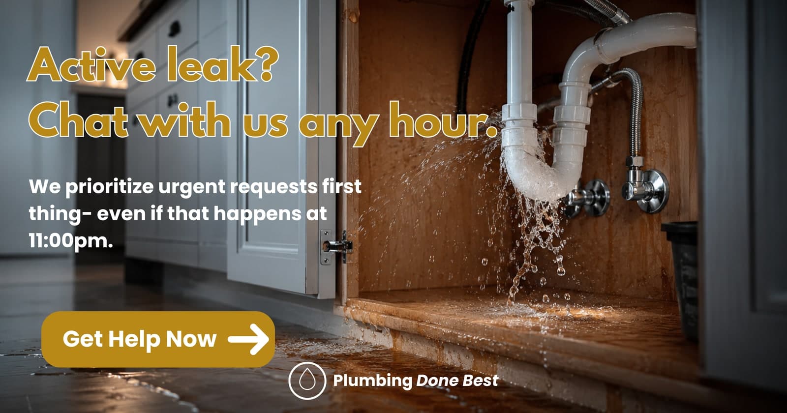 Active leak? Chat with us any hour — service promotion graphic